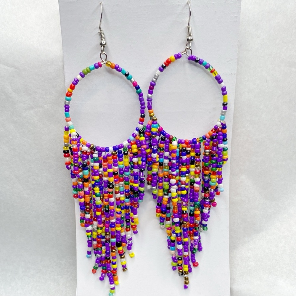 Handmade Multicolored Beads Tassel Hoop Earrings